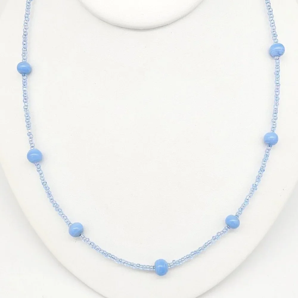 Blue Swirl Glass Beaded Necklace AB Seed Beads 20